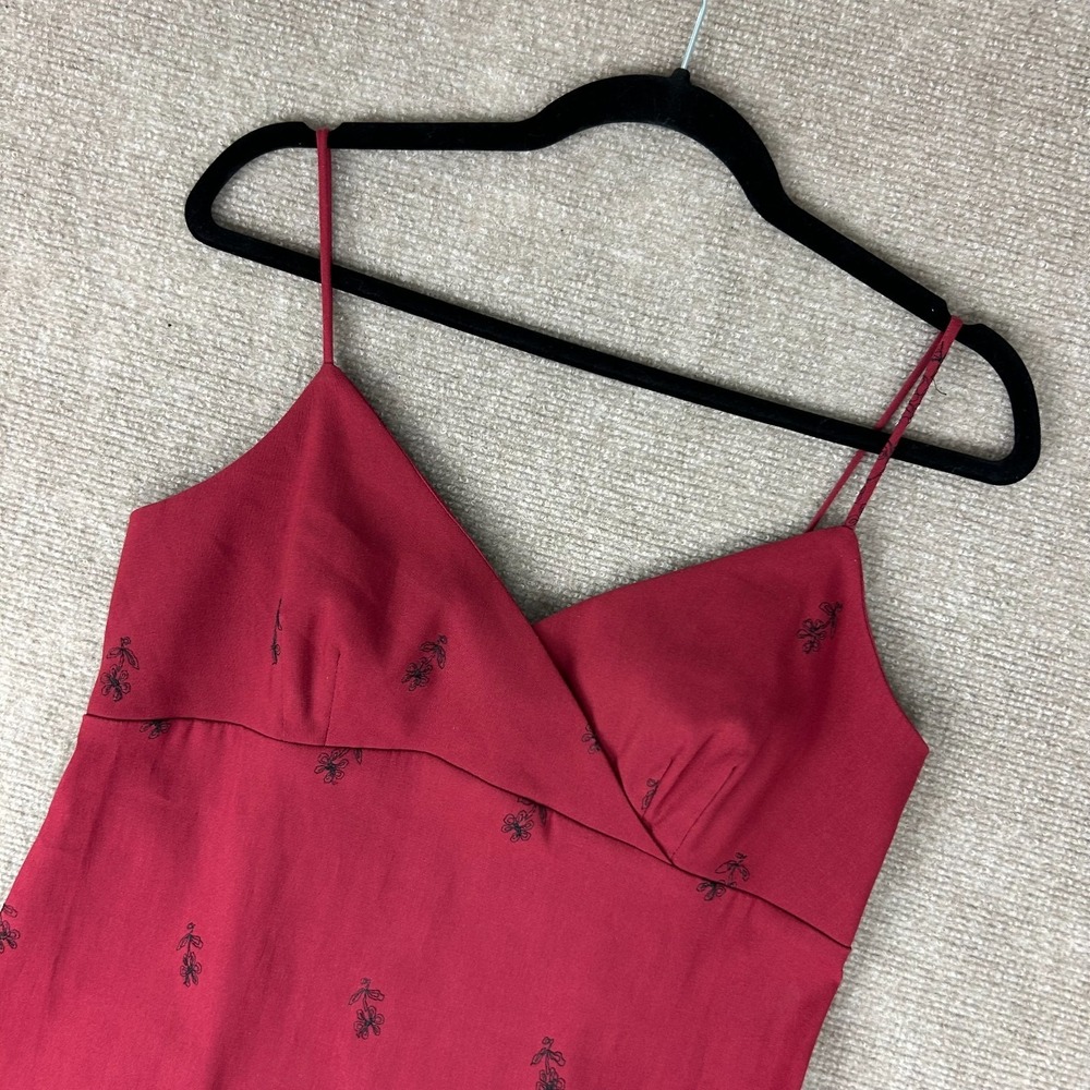 Anthropologie Slip Dress Women L Red Embroidered Floral Spaghetti Strap Back Zip